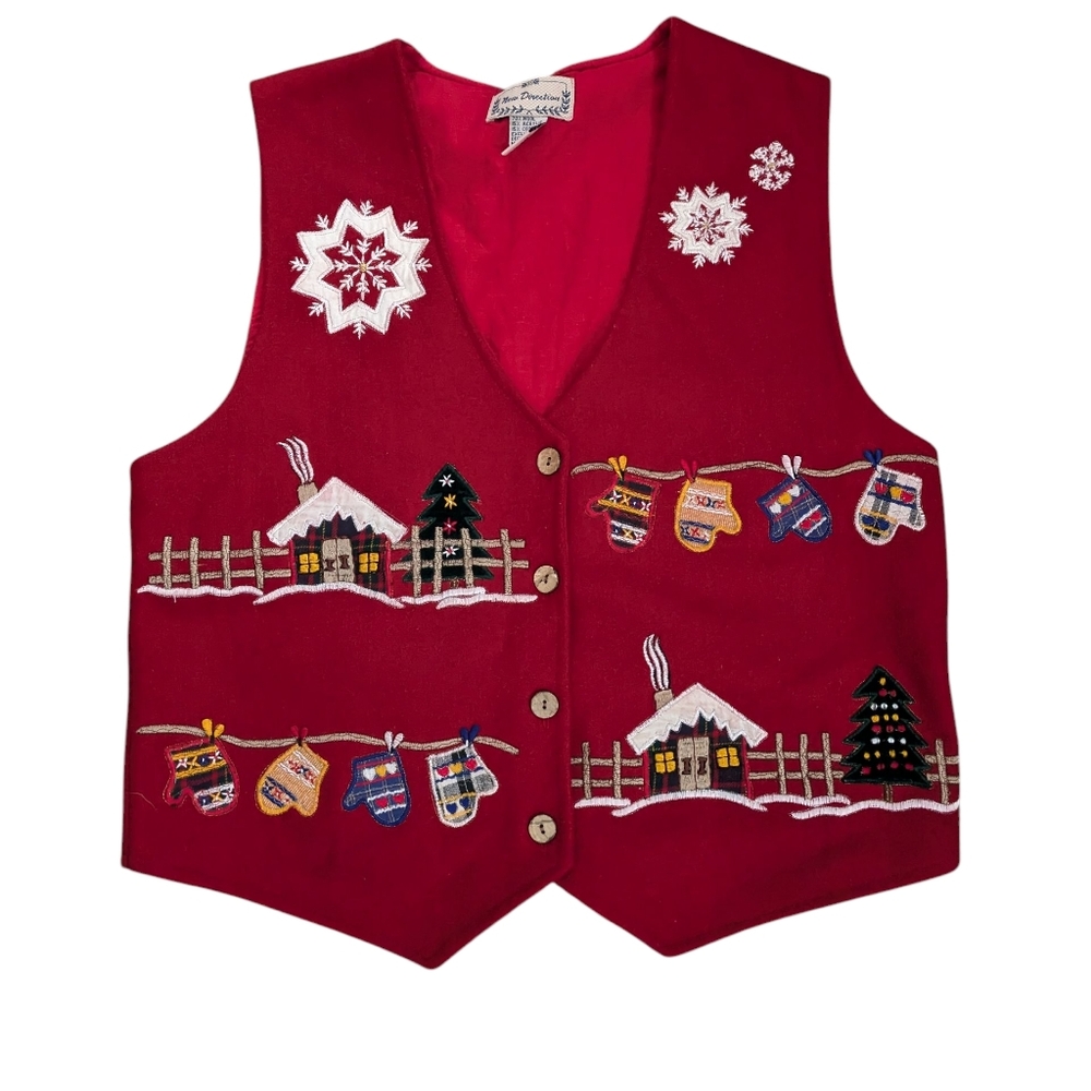 NEW DIRECTIONS Women's Felt Wool‎ Embroidered Vest Winter Theme Novelty Red *